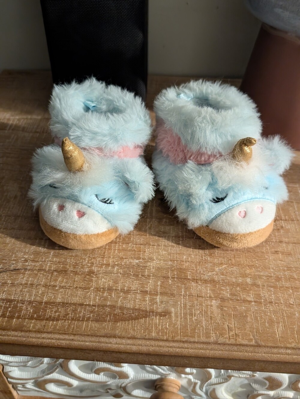 Plush Blue Unicorn Baby Slippers with Gold Horn